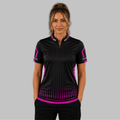 Front view of the Women's Praecisio black and pink darts and pool shirt, showcasing the custom-tailored athletic jersey layout with its sharp, high-contrast geometric design.