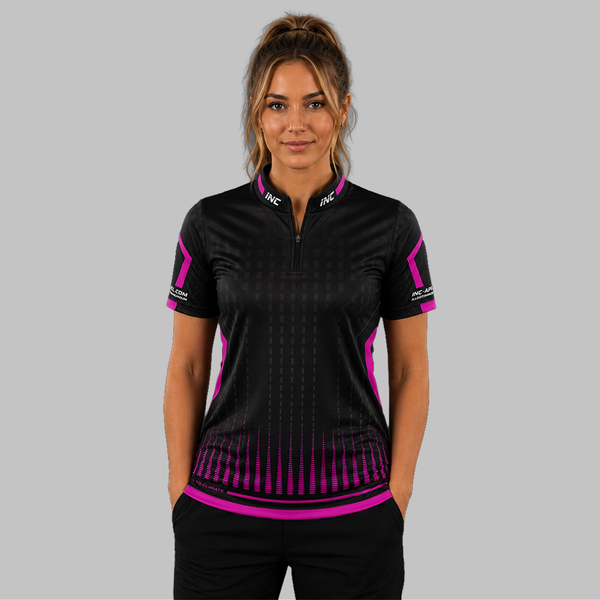 Front view of the Women's Praecisio black and pink darts and pool shirt, showcasing the custom-tailored athletic jersey layout with its sharp, high-contrast geometric design.
