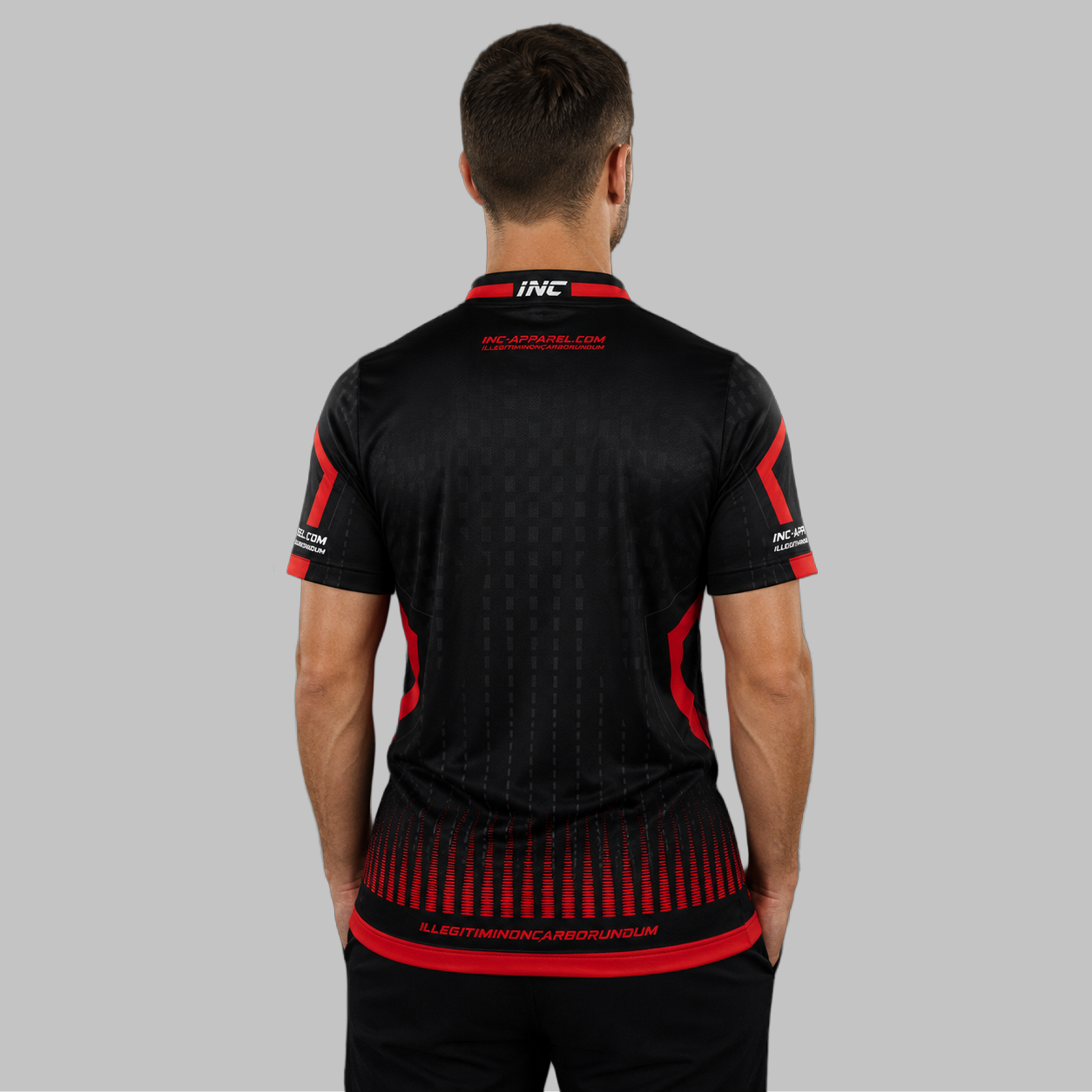 Back view of the Men and Youth Praecisio black and red darts and pool shirt, showing the clean, continuous flow of the high-contrast red and black graphic design across the shoulders.