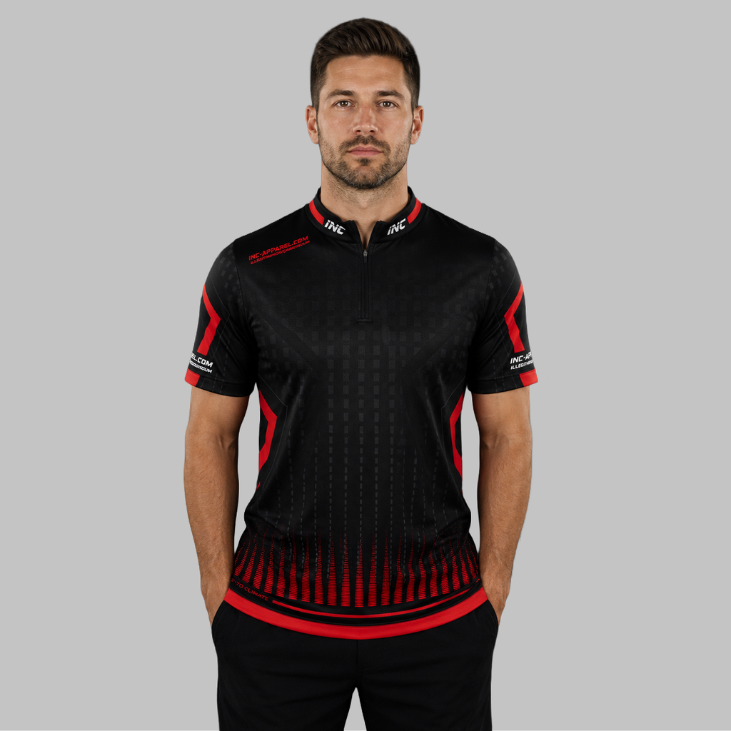Front view of the Men and Youth Praecisio black and red darts and pool shirt, showcasing the dynamic athletic jersey design with its sharp, vibrant geometric layout.