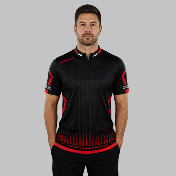 Front view of the Men and Youth Praecisio black and red darts and pool shirt, showcasing the dynamic athletic jersey design with its sharp, vibrant geometric layout.