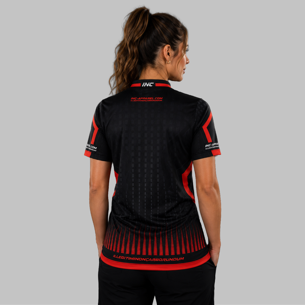 Back view of the Women's Praecisio black and red darts and pool shirt, highlighting the seamless and clean continuation of the vibrant red and black graphic pattern across the shoulders.