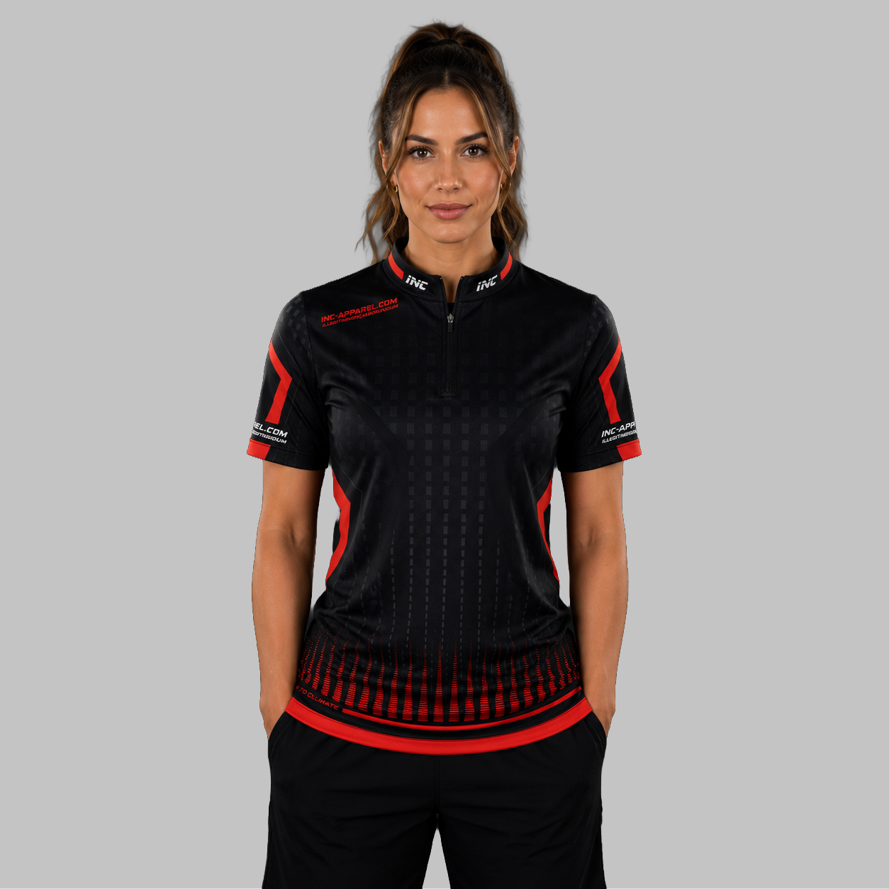 Front view of the Women's Praecisio black and red darts and pool shirt, showcasing the custom-tailored athletic jersey layout with its sharp, high-contrast geometric design.