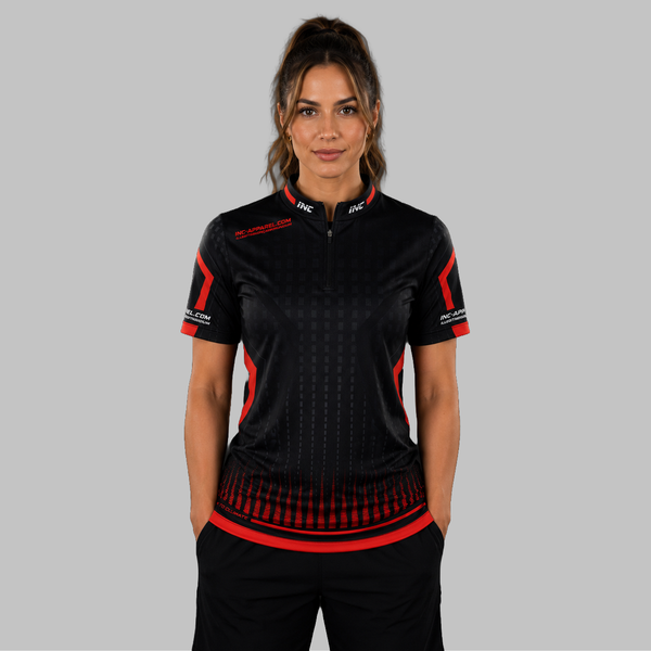 Front view of the Women's Praecisio black and red darts and pool shirt, showcasing the custom-tailored athletic jersey layout with its sharp, high-contrast geometric design.