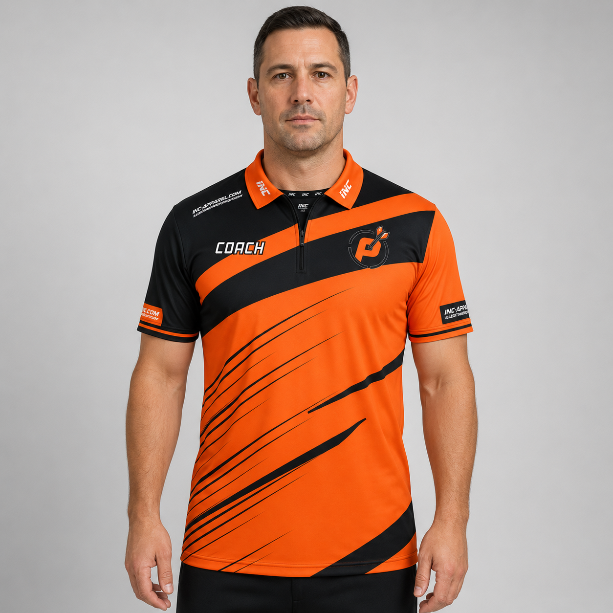 Front view of the Men and Youth Official Coaches Prime Sports Darts Academy shirt, showcasing the professional athletic design and distinctive coach branding.