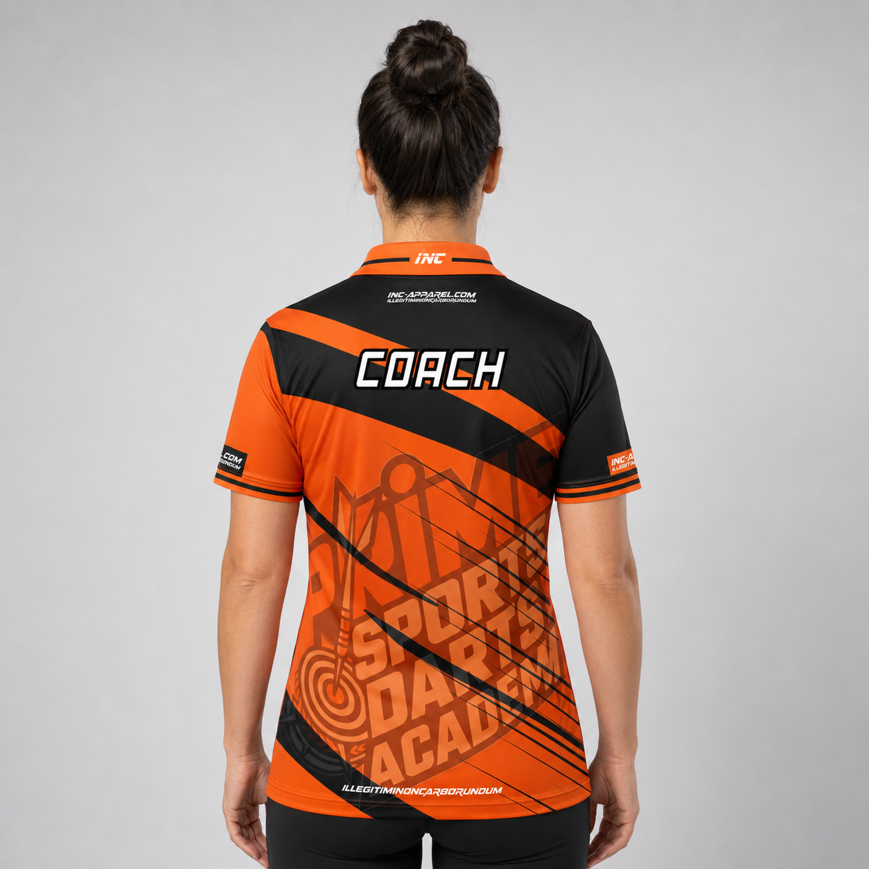 Back view of the Women's Official Coaches Prime Sports Darts Academy shirt, showcasing the seamless flow of the sublimated design across the shoulders.