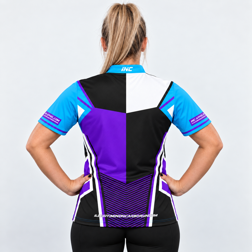 Back view of the Rebellis Women's Purple Blue Darts Shirt, highlighting the breathable contoured back paneling and flexible shoulder construction.