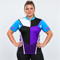 Front view of the Rebellis Women's Purple Blue Darts Shirt, showcasing the bold contrast panel design, tailored feminine silhouette, and sleek collar.