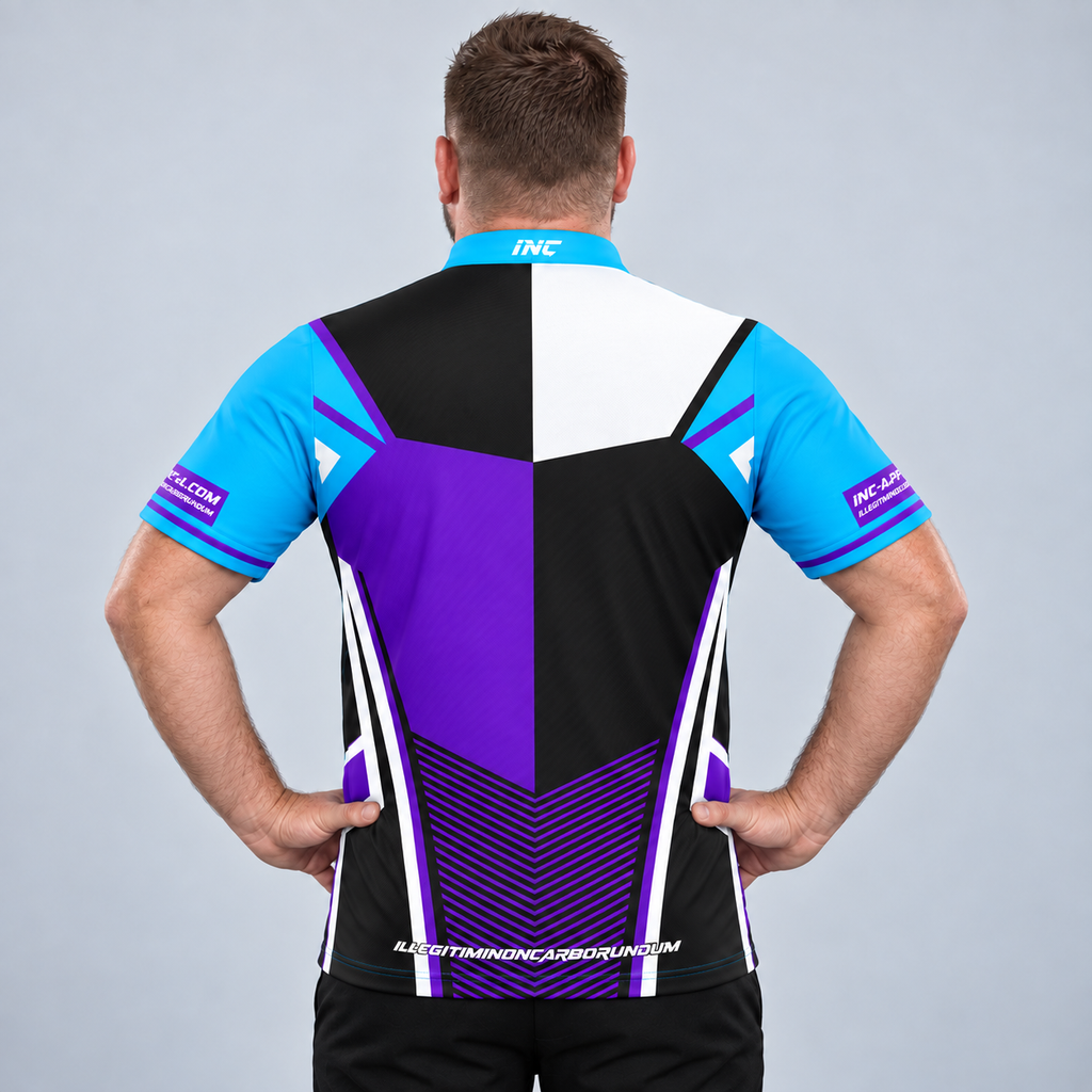 Back view of the Rebellis Men and Youth Purple Grey Blue Darts Shirt, highlighting the breathable rear paneling and flexible shoulder construction for unrestricted movement.