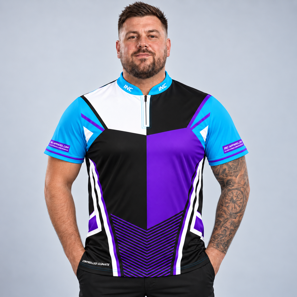 Front view of the Rebellis Men and Youth Purple Grey Blue Darts Shirt, showcasing the bold contrast panel design, modern cut, and structured collar.