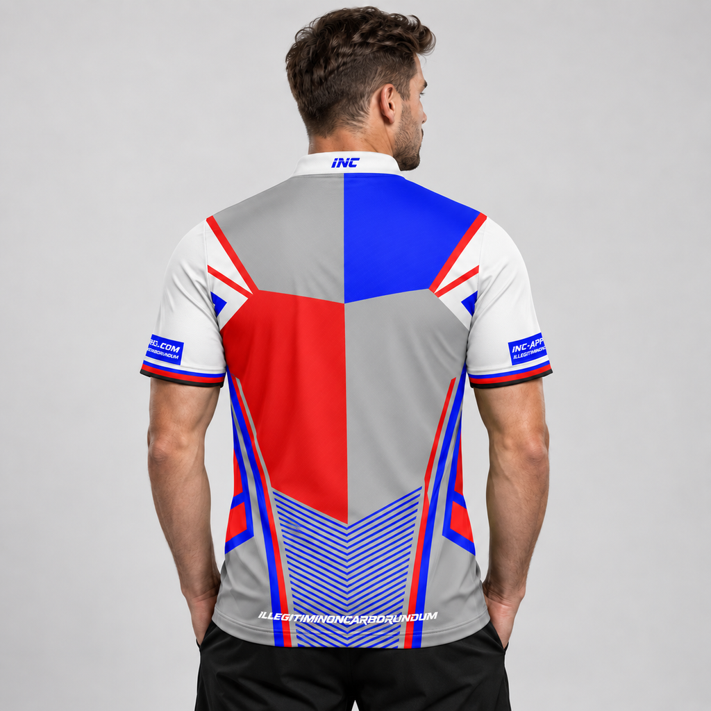 Back view of the Rebellis Men and Youth Red White and Blue Darts Shirt, highlighting the breathable rear paneling and flexible shoulder construction for unrestricted movement.