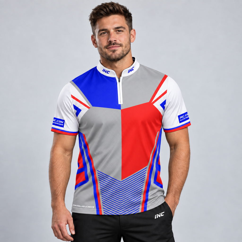 Front view of the Rebellis Men and Youth Red White and Blue Darts Shirt, showcasing the bold contrast panel design, modern cut, and structured collar.