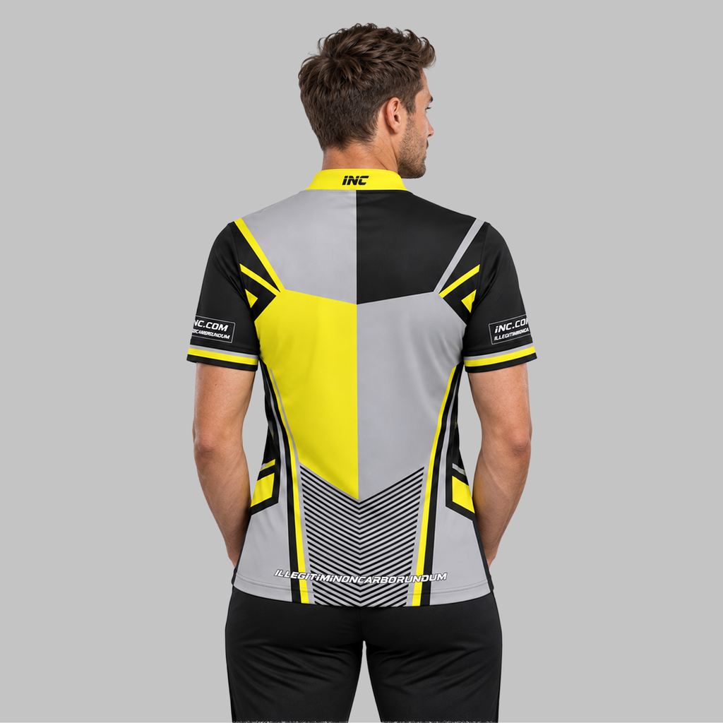Back view of the Rebellis Men and Youth Yellow and Grey Darts Shirt, highlighting the breathable rear paneling and flexible shoulder construction for unrestricted movement.