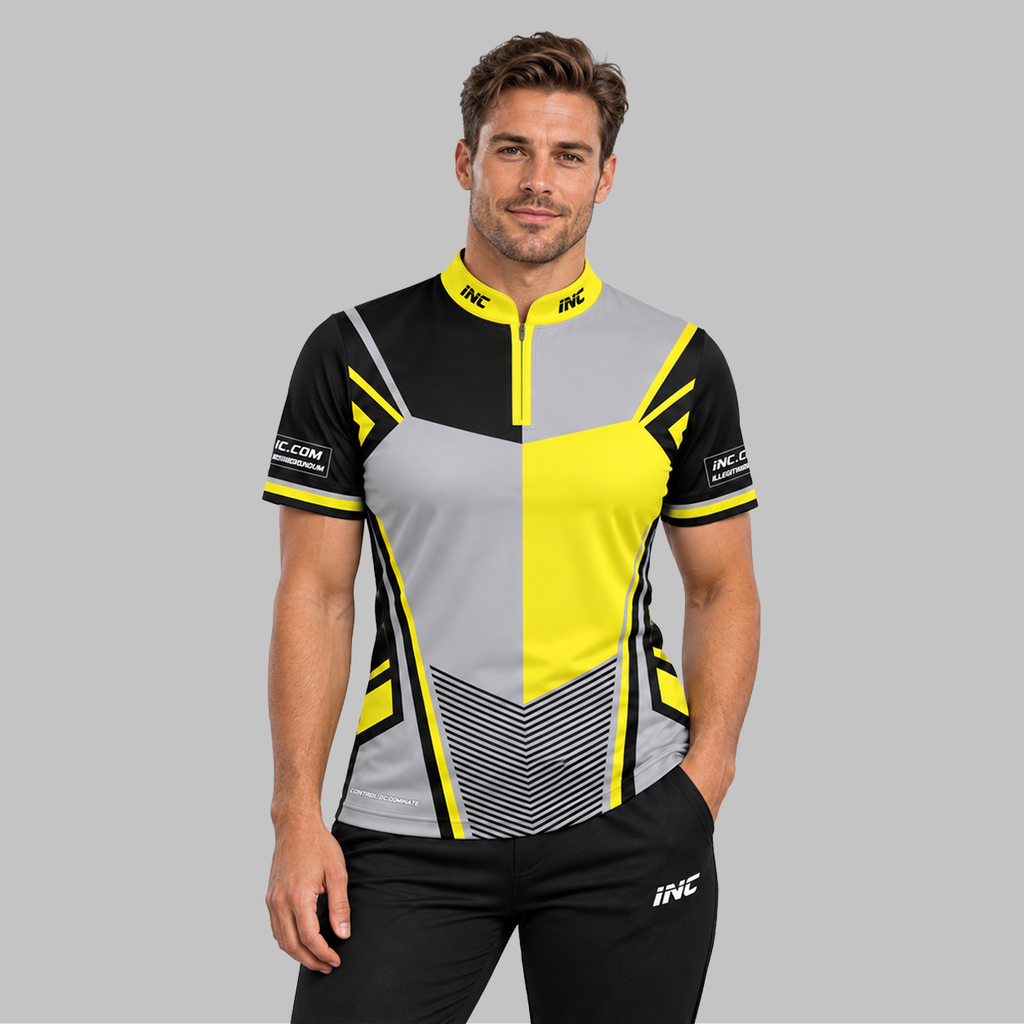 Front view of the Rebellis Men and Youth Yellow and Grey Darts Shirt, showcasing the bold contrast panel design, modern cut, and structured collar.