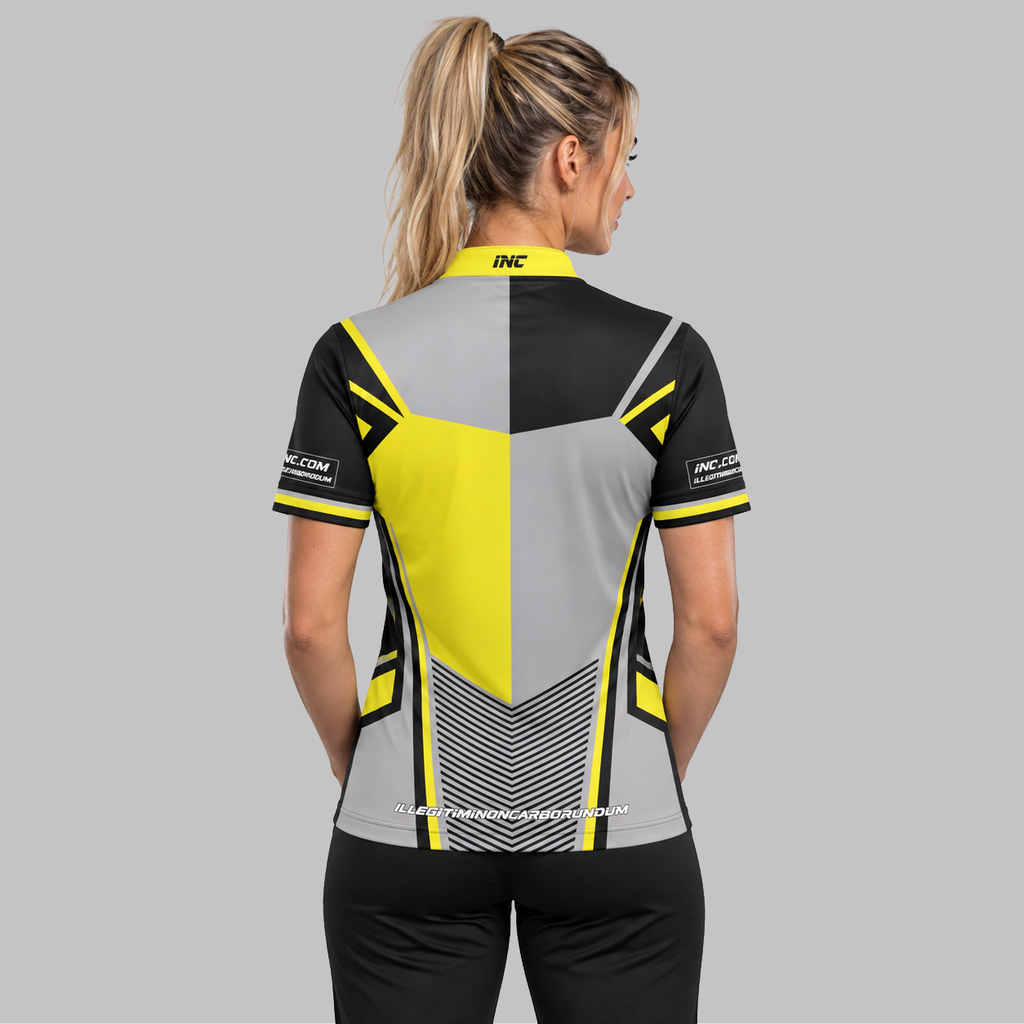 Back view of the Rebellis Women's Yellow and Grey Darts Shirt, highlighting the breathable contoured back paneling and flexible shoulder construction.
