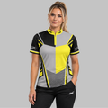 Front view of the Rebellis Women's Yellow and Grey Darts Shirt, showcasing the bold contrast panel design, tailored feminine silhouette, and sleek collar.