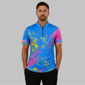 Front view of the Men and Youth Regina blue and pink darts shirt, showcasing the dynamic athletic jersey design with its sharp, vibrant geometric layout.