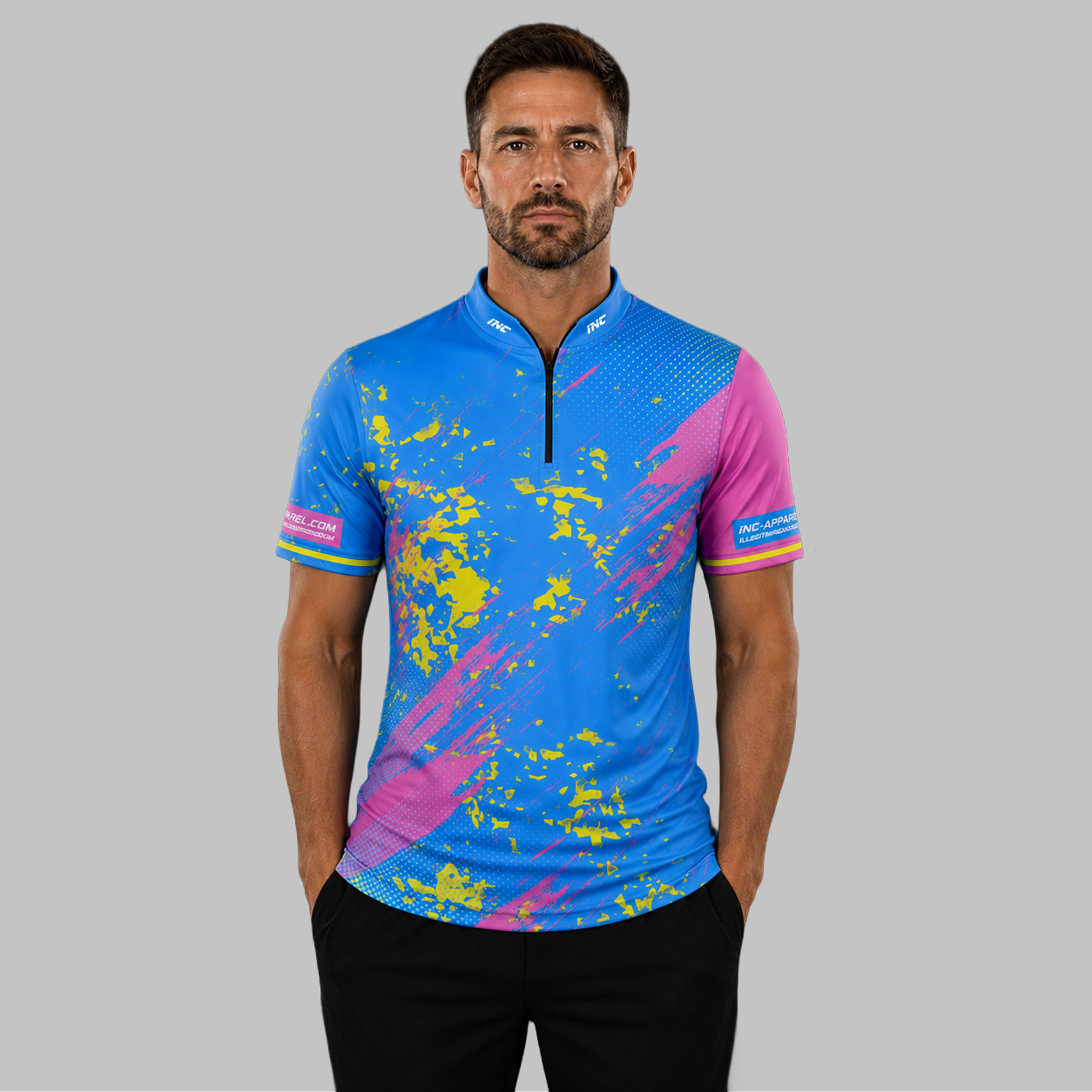 Front view of the Men and Youth Regina blue and pink darts shirt, showcasing the dynamic athletic jersey design with its sharp, vibrant geometric layout.