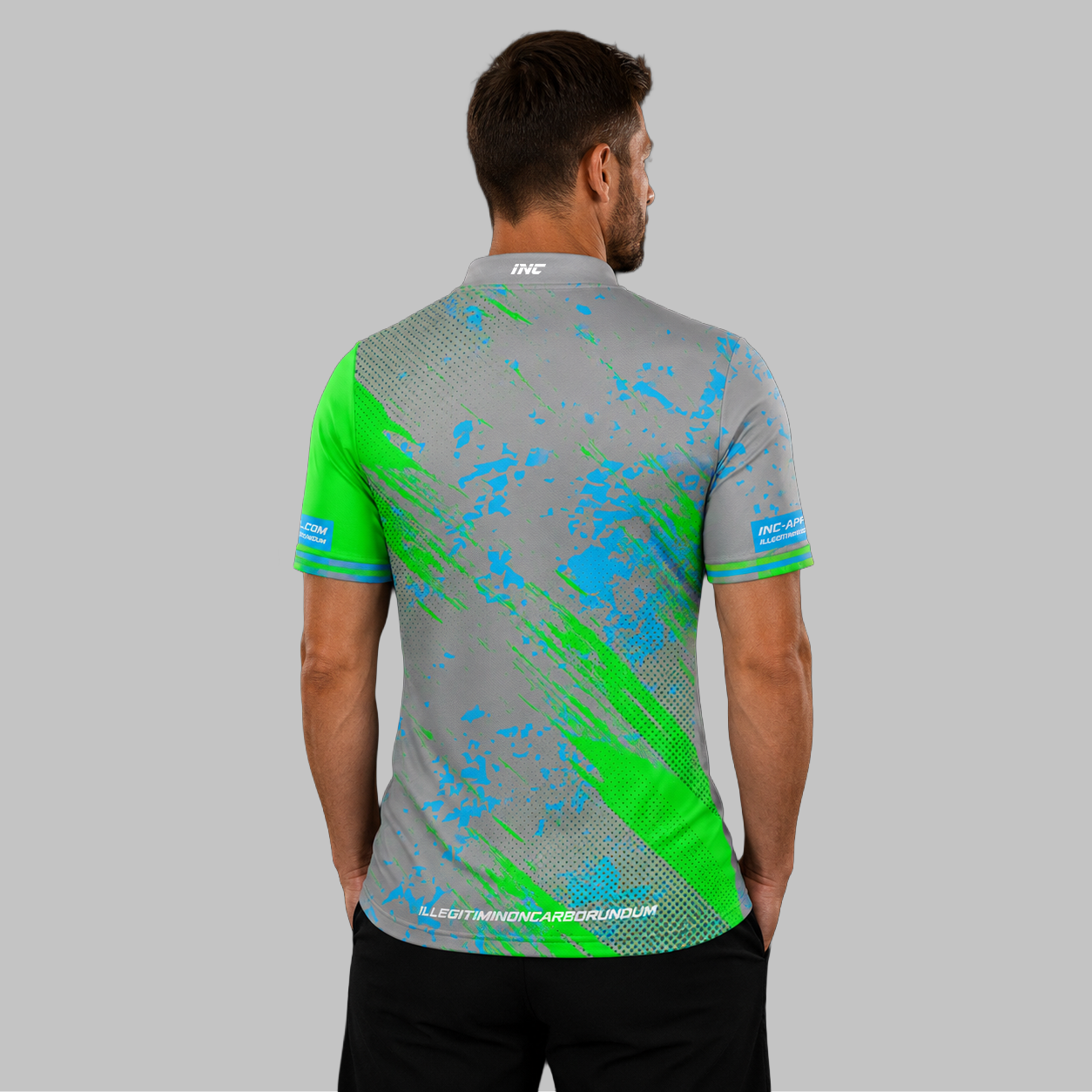 Back view of the Men and Youth Regina grey darts shirt, showing the clean, continuous flow of the modern grey graphic design across the shoulders.