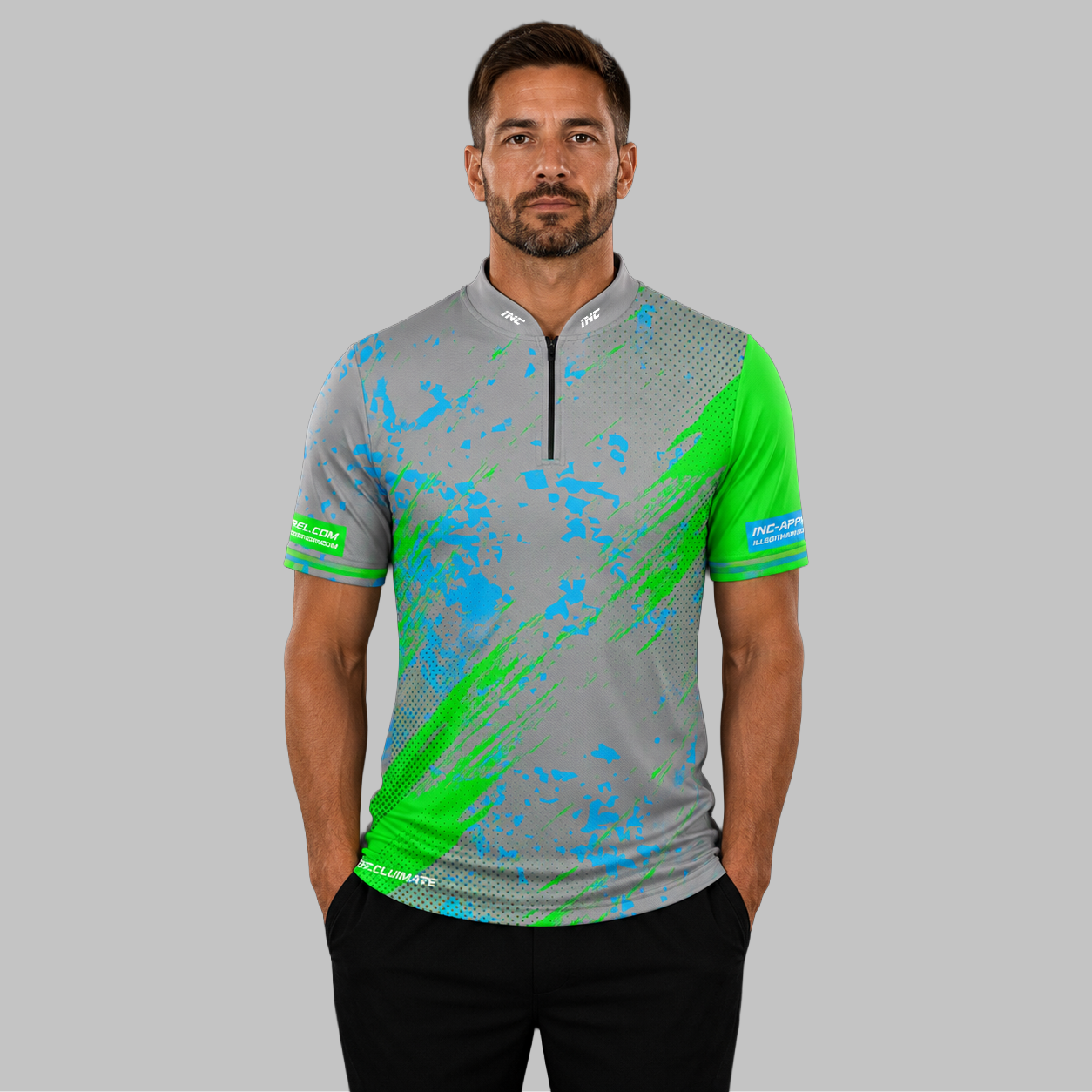 Front view of the Men and Youth Regina grey darts shirt, showcasing the dynamic athletic jersey design with its sharp, vibrant geometric layout.