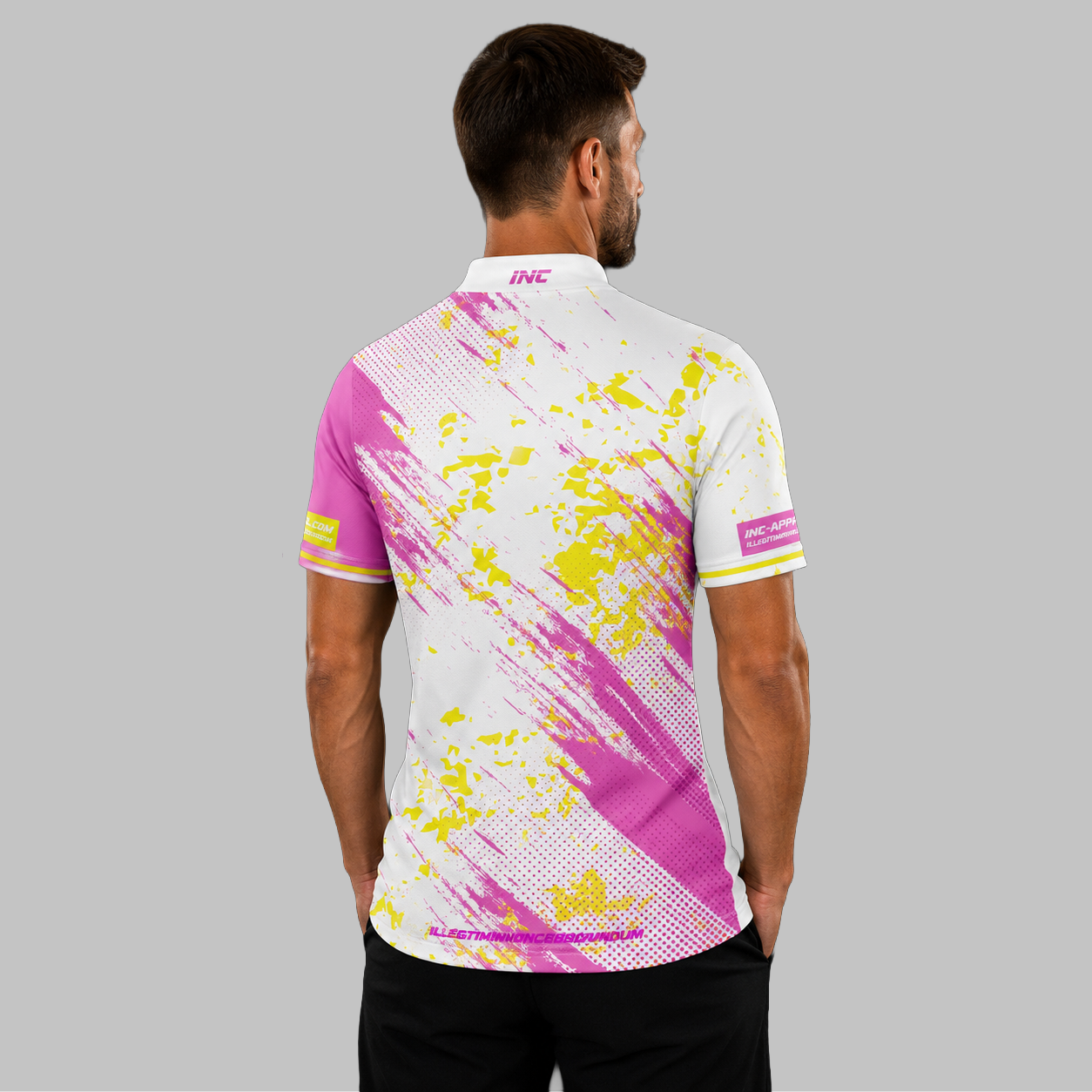 Back view of the Men and Youth Regina white darts shirt, showing the clean, continuous flow of the striking geometric graphic design across the shoulders.
