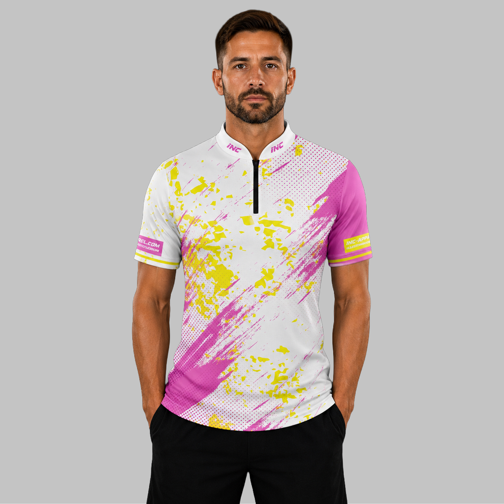 Front view of the Men and Youth Regina white darts shirt, showcasing the dynamic athletic jersey design with its sharp, vibrant geometric layout.