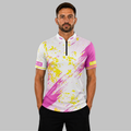 Front view of the Men and Youth Regina white darts shirt, showcasing the dynamic athletic jersey design with its sharp, vibrant geometric layout.