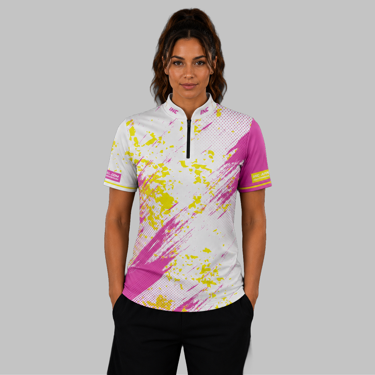 Front view of the Women's Regina white darts shirt, showing the custom-contoured athletic fit and clean sublimated geometric design.