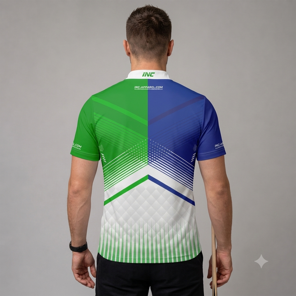 Back view of the Men and Youth Rex green and blue darts and pool shirt, showing the clean continuation of the vibrant graphic design.