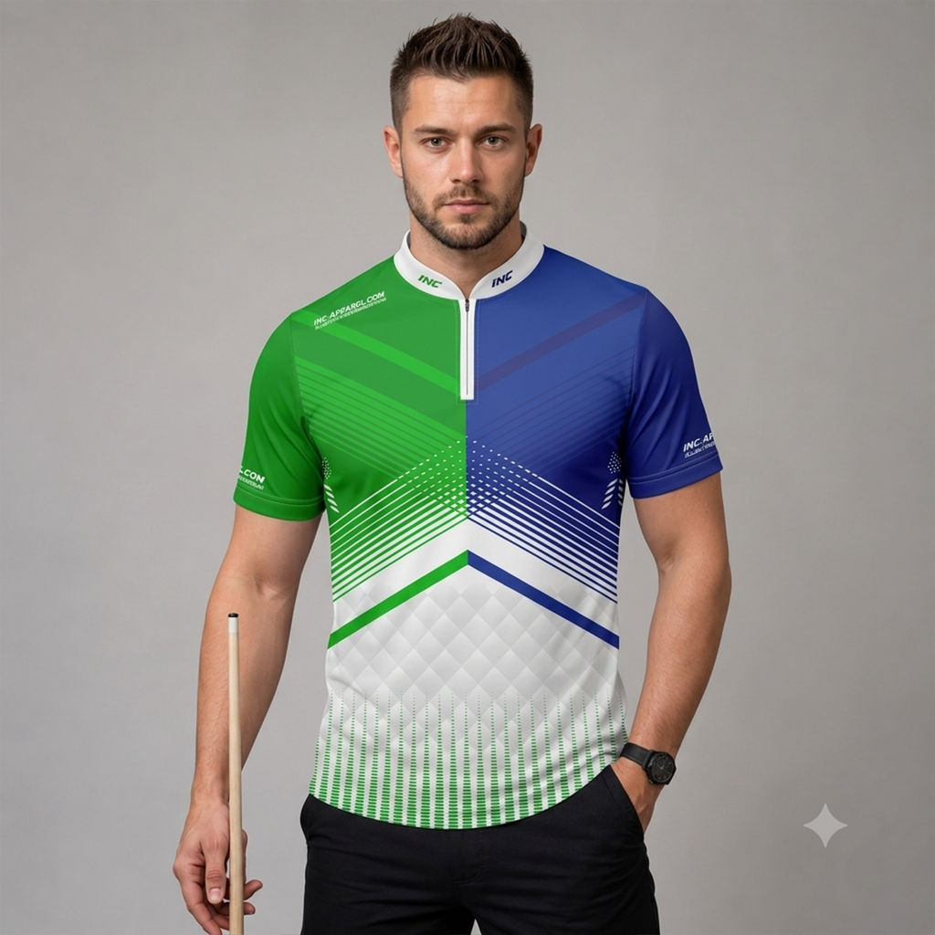 Front view of the Men and Youth Rex green and blue darts and pool shirt, featuring a dynamic and bold athletic jersey design.