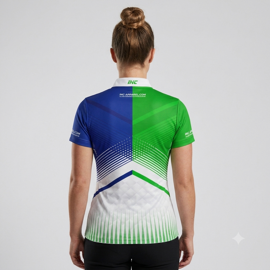 Back view of the Womens Rex green and blue darts and pool shirt, showing the clean continuation of the bold graphic athletic pattern.