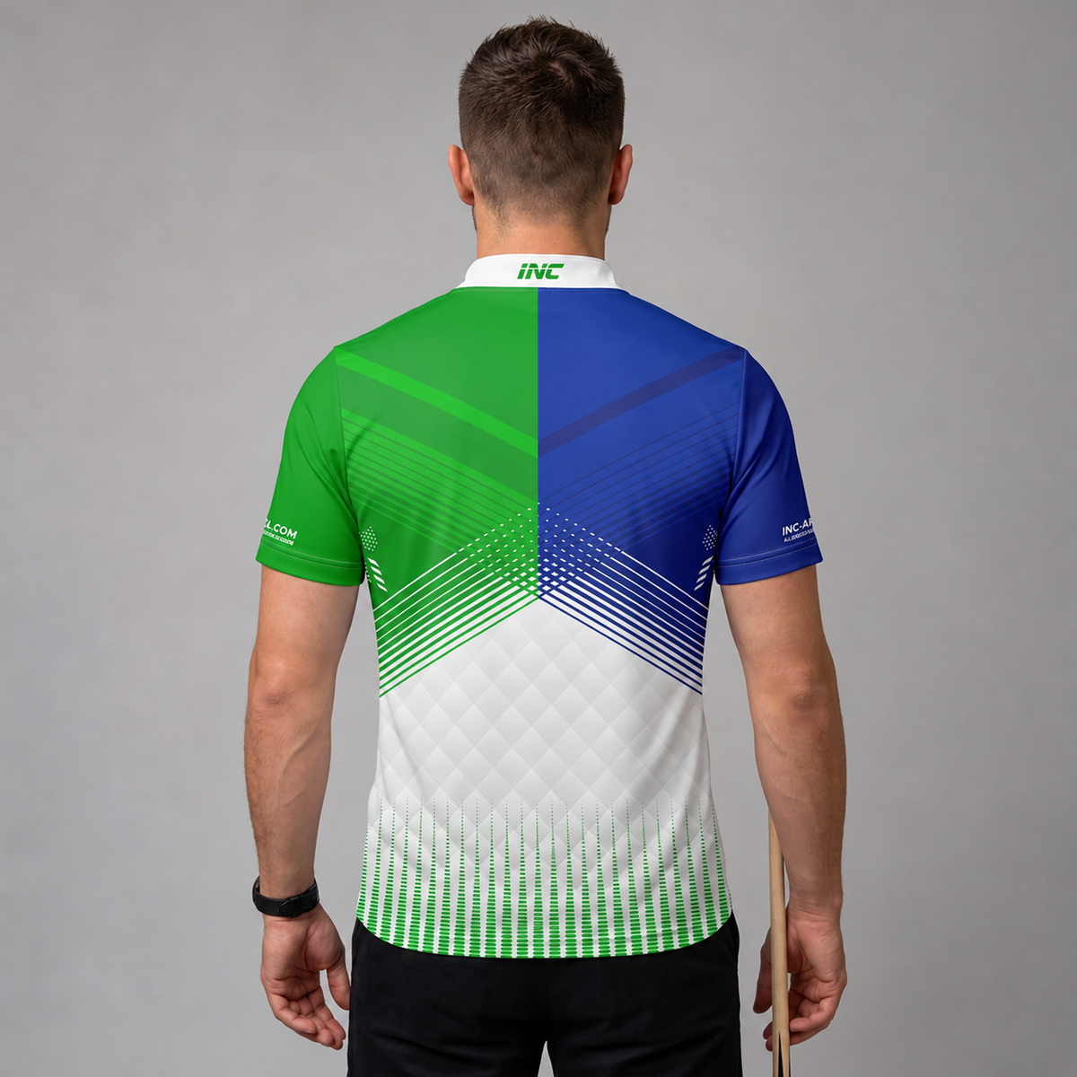 Back view of the Rex Green and Blue Men's and Youth Pool Shirt