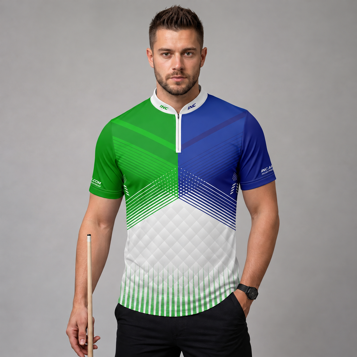 Front view of the Rex Green and Blue Men's and Youth Pool Shirt