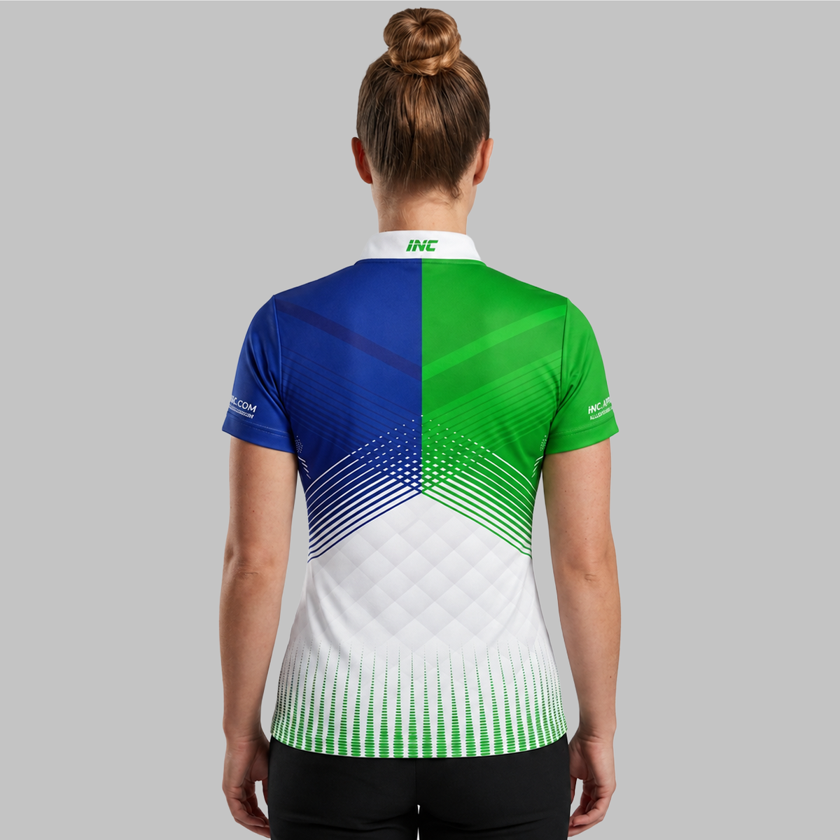 Back view of the Rex Green and Blue Women's Pool Shirt
