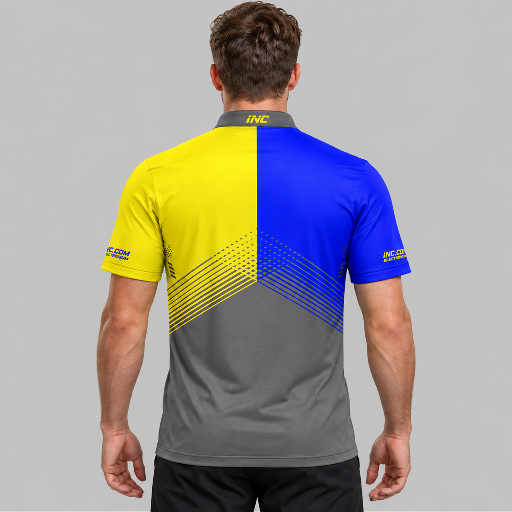 Back view of the Rex Grey Blue and Yellow Men's and Youth Pool Shirt