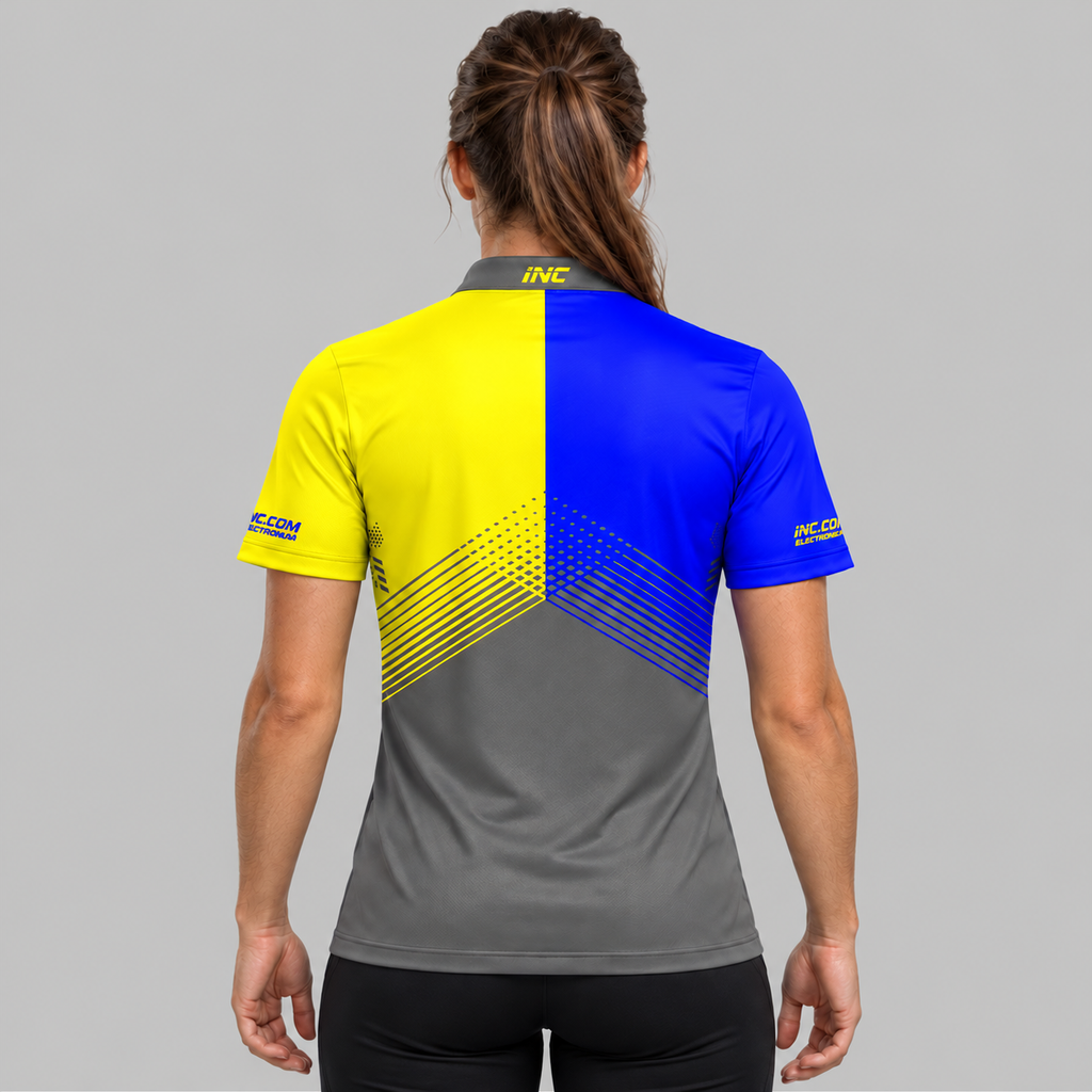 Back view of the Rex Grey Blue and Yellow Women's Pool Shirt