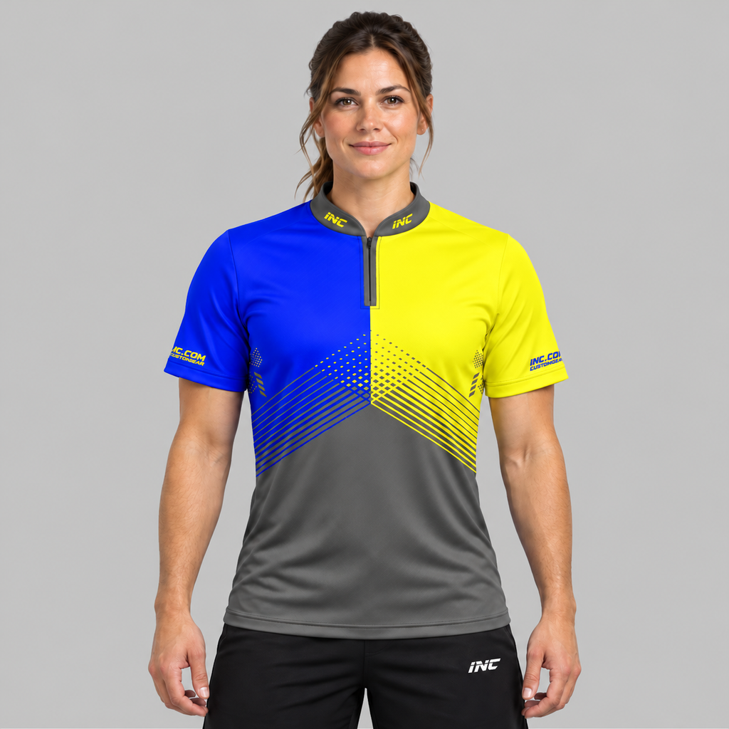 Front view of the Rex Grey Blue and Yellow Women's Pool Shirt