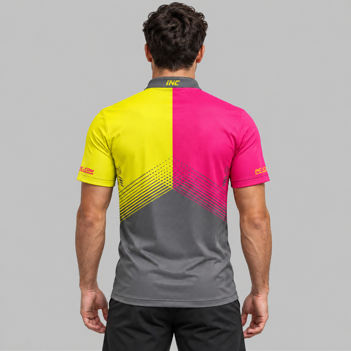 Back view of the Rex Grey Pink and Yellow Men's and Youth Pool Shirt