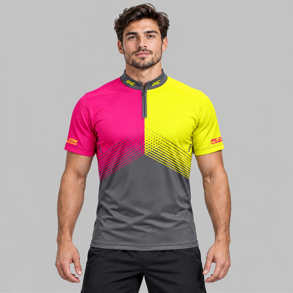 Front view of the Rex Grey Pink and Yellow Men's and Youth Pool Shirt
