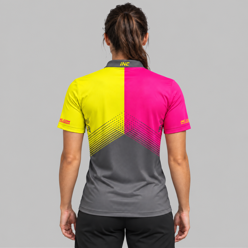 Back view of the Rex Grey Pink and Yellow Women's Pool Shirt
