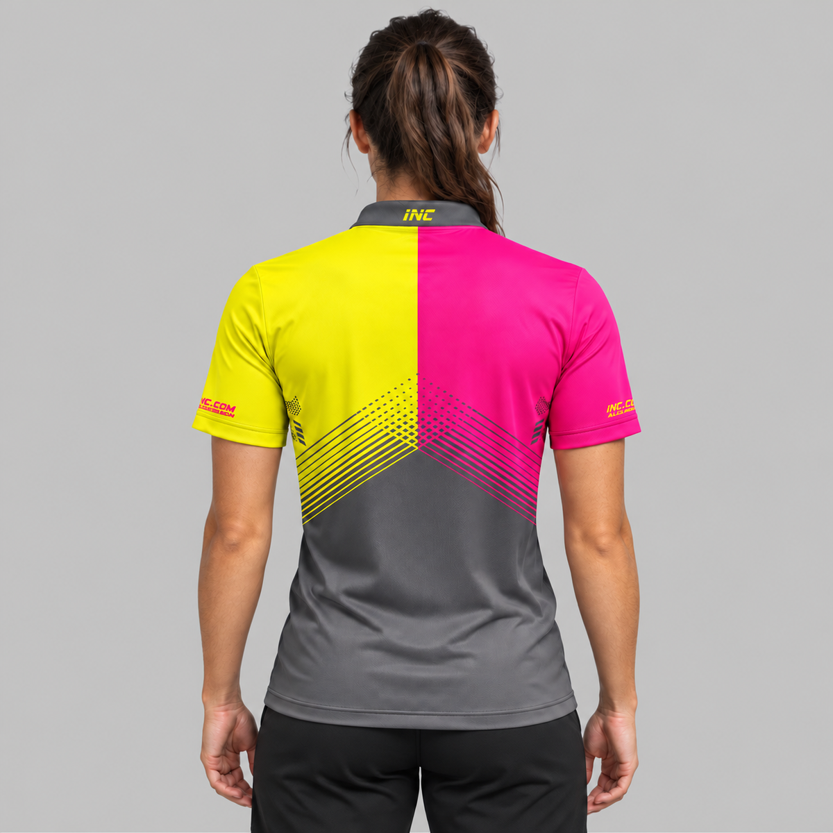 Back view of the Rex Grey Pink and Yellow Women's Pool Shirt
