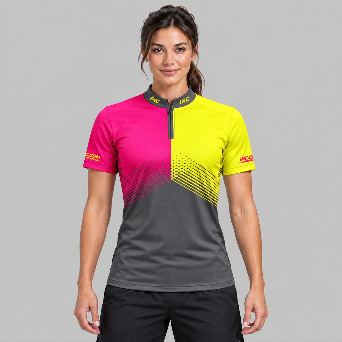 Front view of the Rex Grey Pink and Yellow Women's Pool Shirt