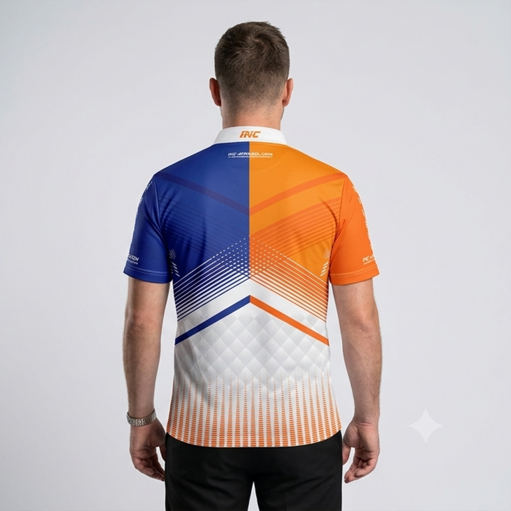 Back view of the Men and Youth Rex orange and blue custom pool shirt, showing the clean continuation of the vibrant graphic design.