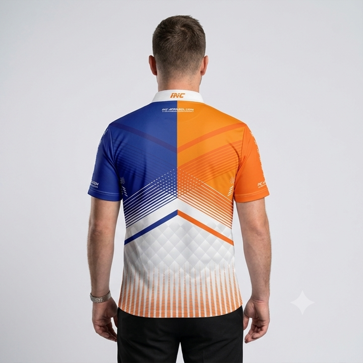 Back view of the Men and Youth Rex orange and blue custom pool shirt, showing the clean continuation of the vibrant graphic design.
