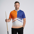 Front view of the Men and Youth Rex orange and blue custom pool shirt, featuring a dynamic and bold athletic jersey design.