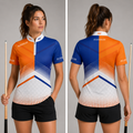 Front view of the Womens Rex orange and blue darts and pool shirt, featuring a custom tailored vibrant team jersey design.
