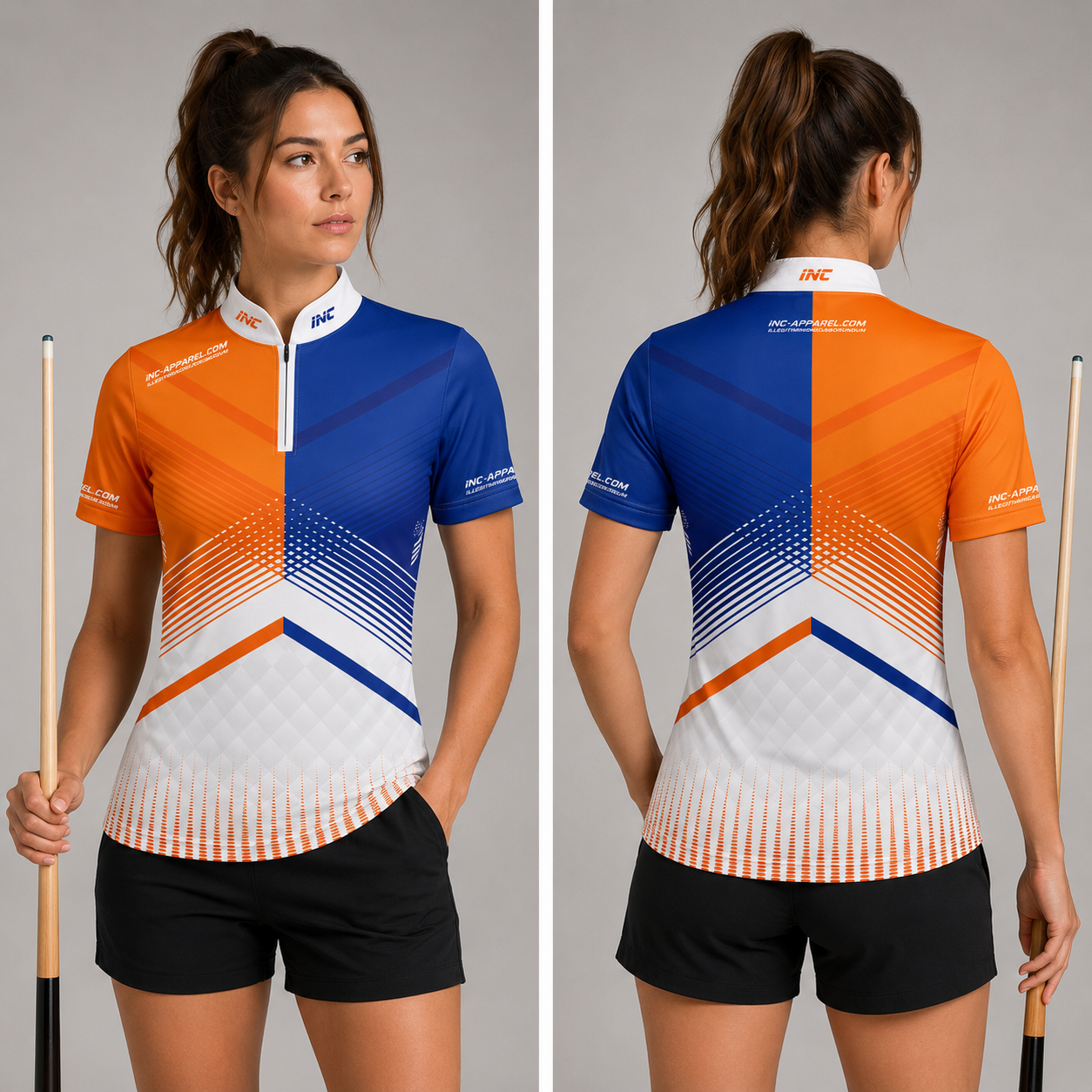 Front view of the Womens Rex orange and blue darts and pool shirt, featuring a custom tailored vibrant team jersey design.