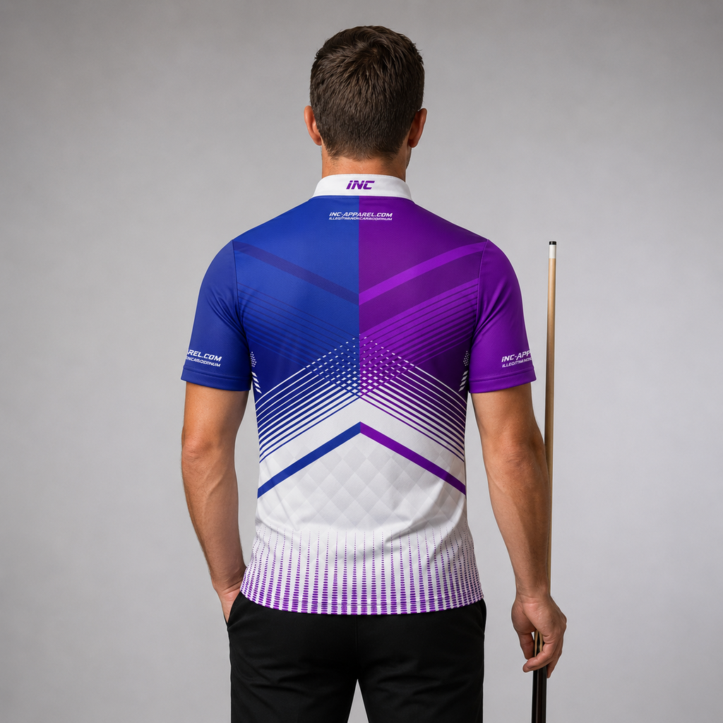 Back view of the Men and Youth Rex purple and blue darts and pool shirt, showing the clean continuation of the vibrant graphic design.