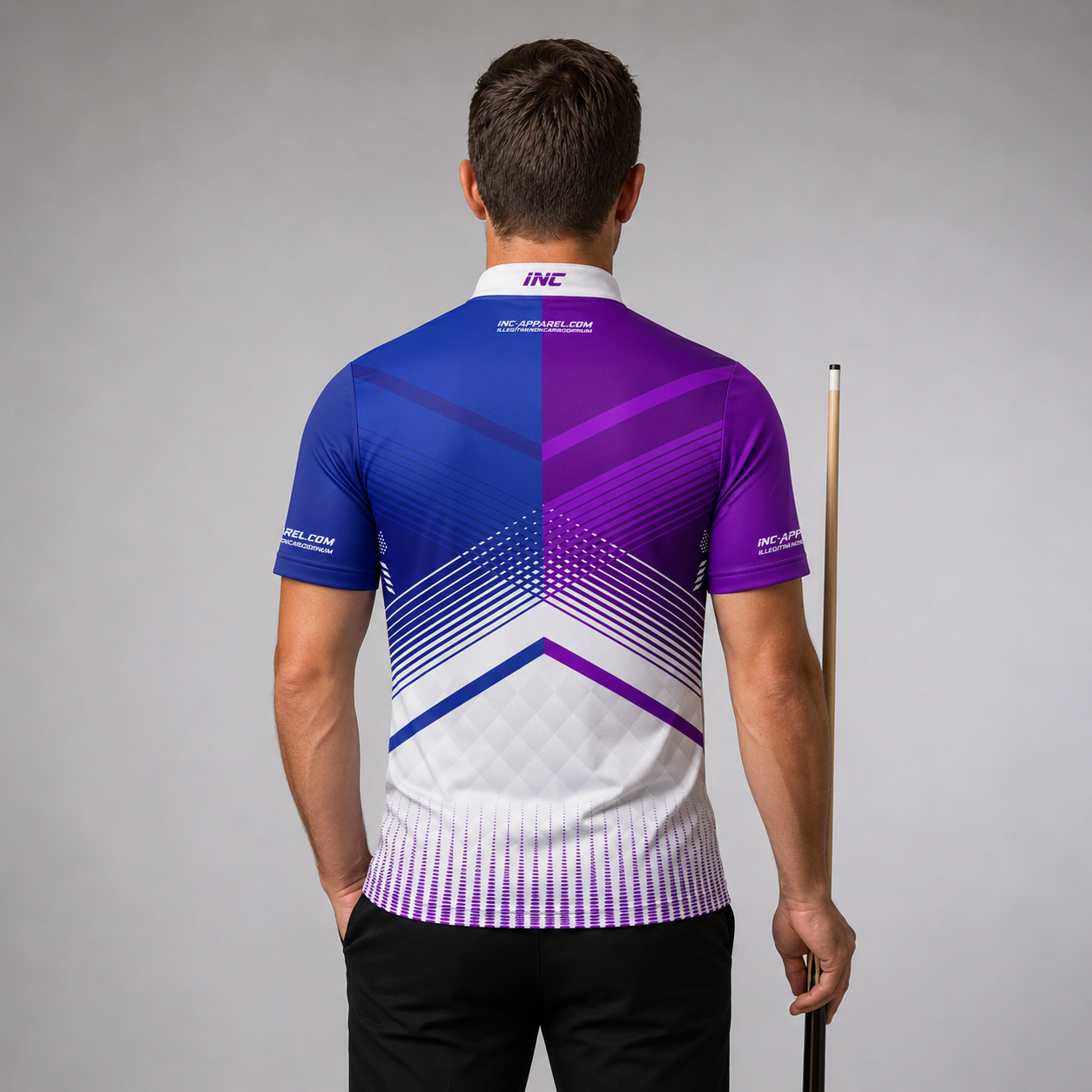 Back view of the Men and Youth Rex purple and blue darts and pool shirt, showing the clean continuation of the vibrant graphic design.