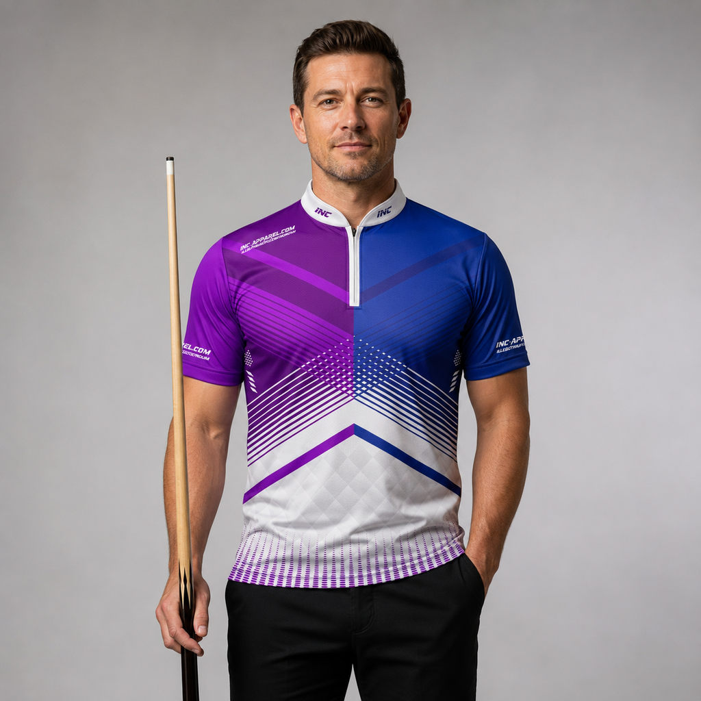 Front view of the Men and Youth Rex purple and blue darts and pool shirt, featuring a dynamic and bold athletic jersey design.